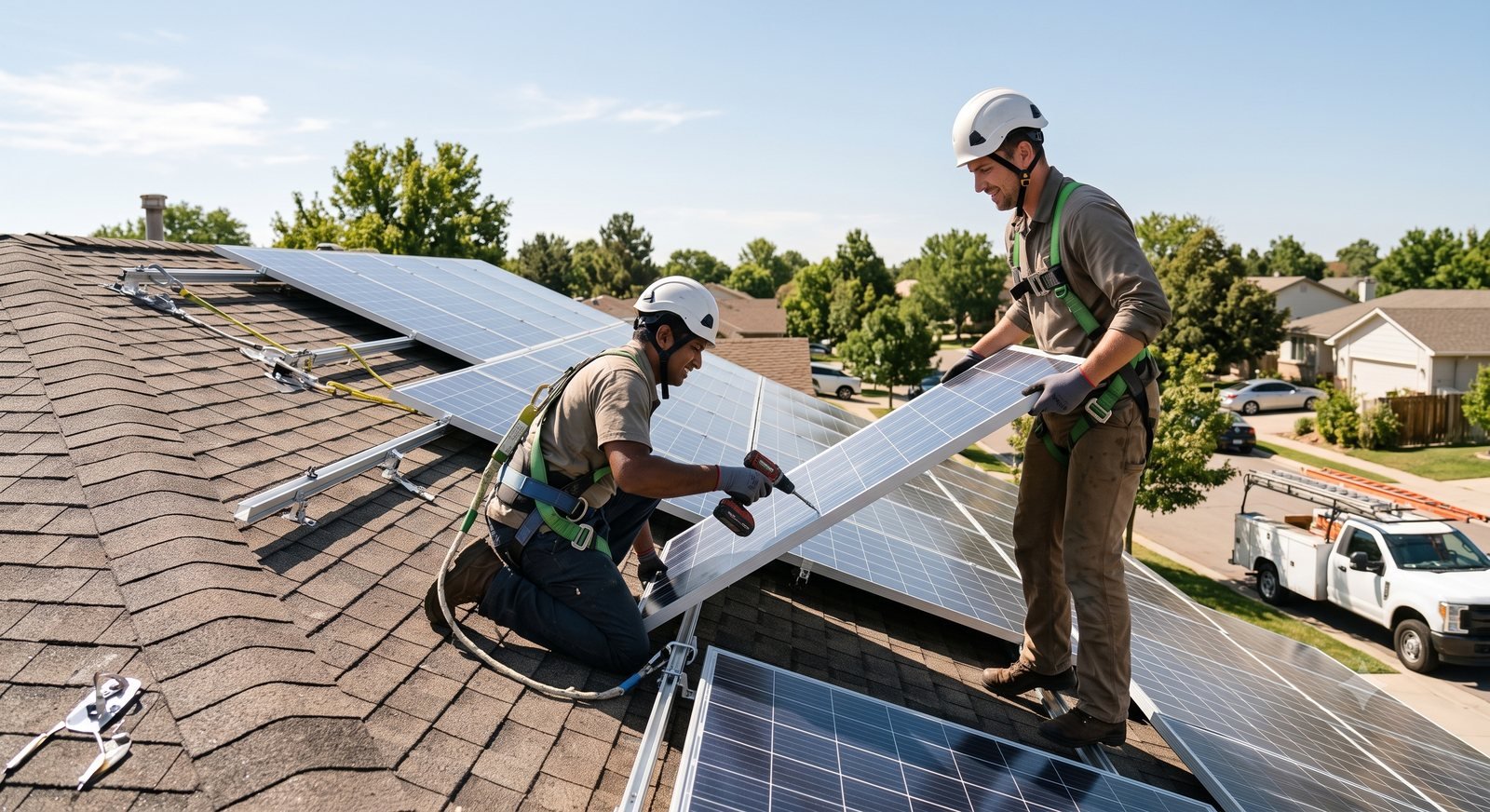 Technicians installing solar panels on a rooftop