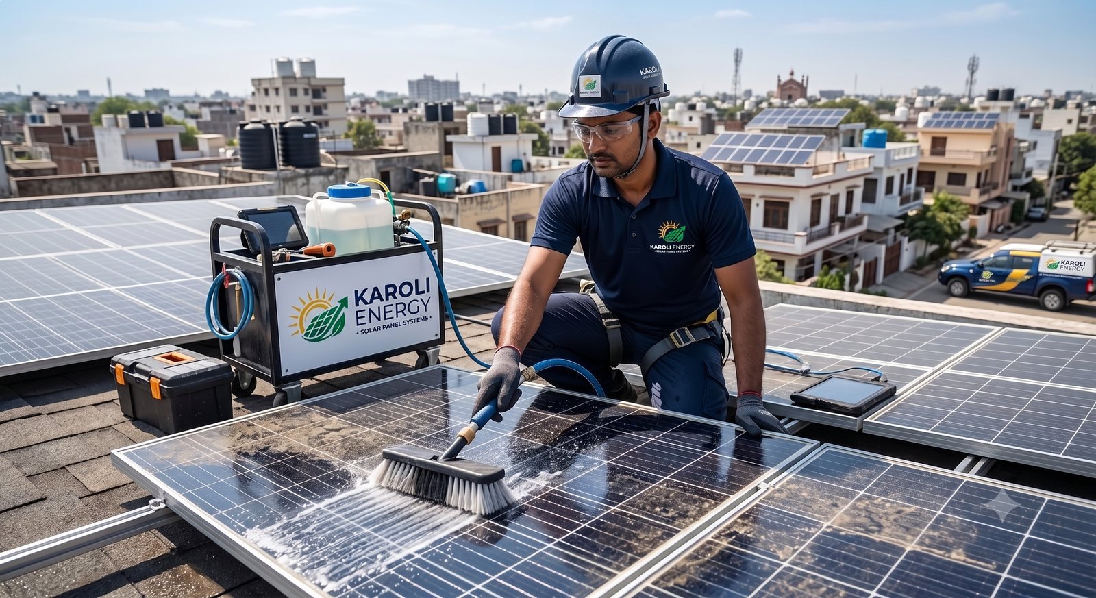 Karoli Energy technician cleaning and maintaining solar panels