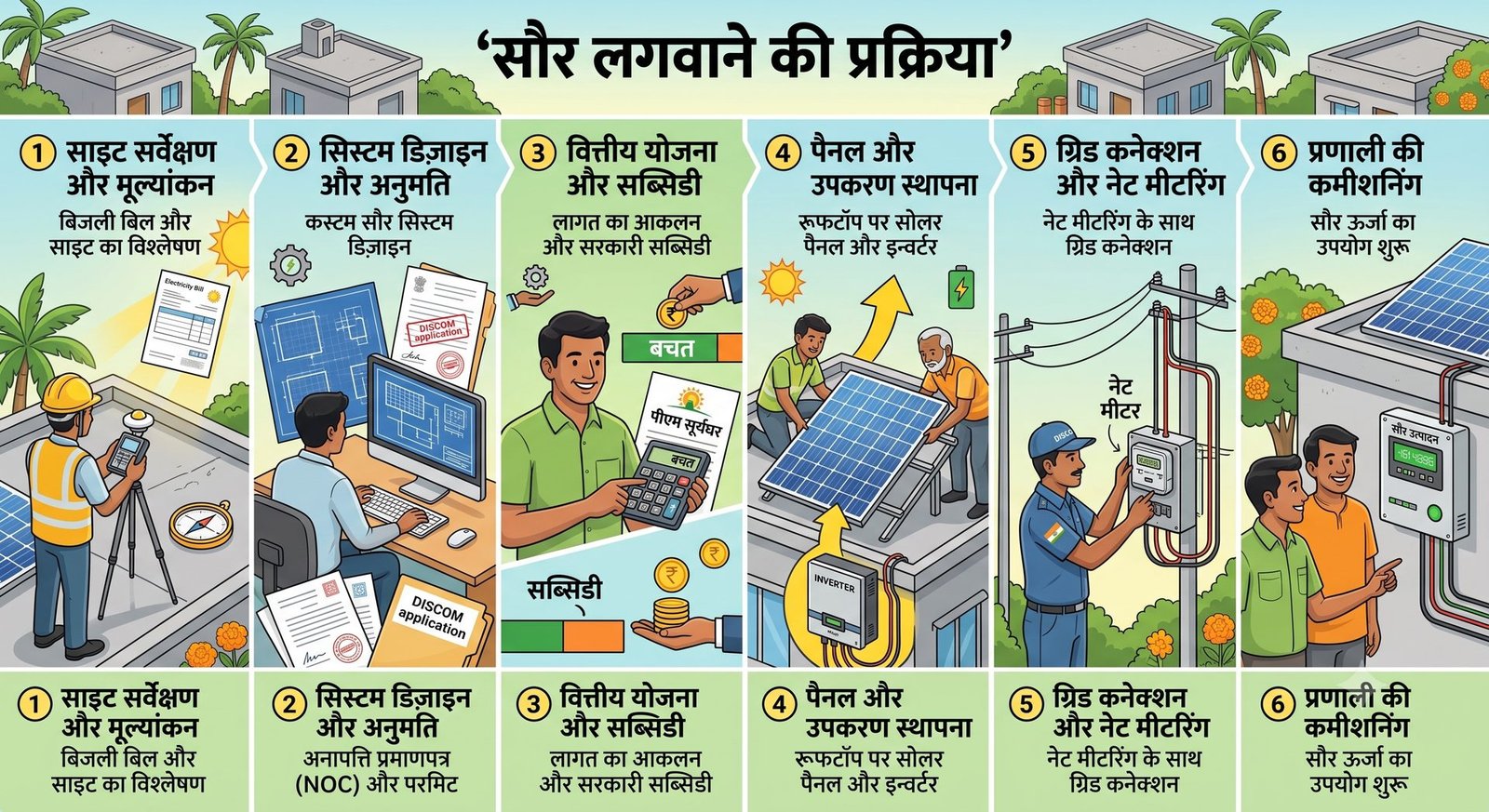 Infographic showing the six-step process of installing a solar panel system in India, in Hindi: site survey, system design and permits, financial planning and subsidy, panel installation, grid connection and net metering, and commissioning.